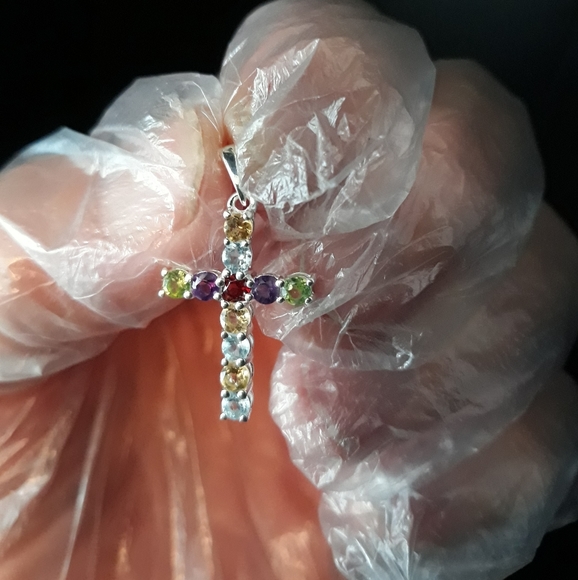 Natural Multi Gemstone Cross Pendant z10 - Picture 3 of 3